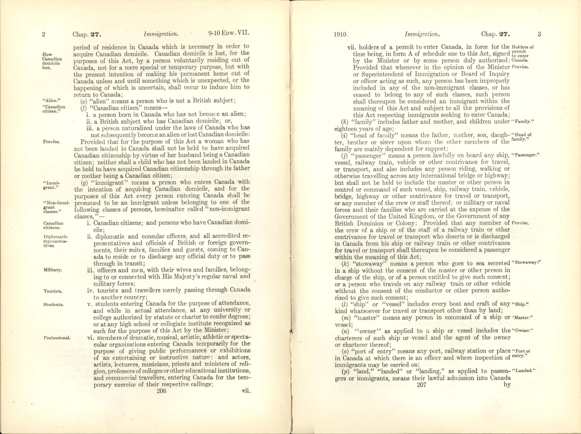 Chap. 27 Page 206, 207 Immigration Act, 1910