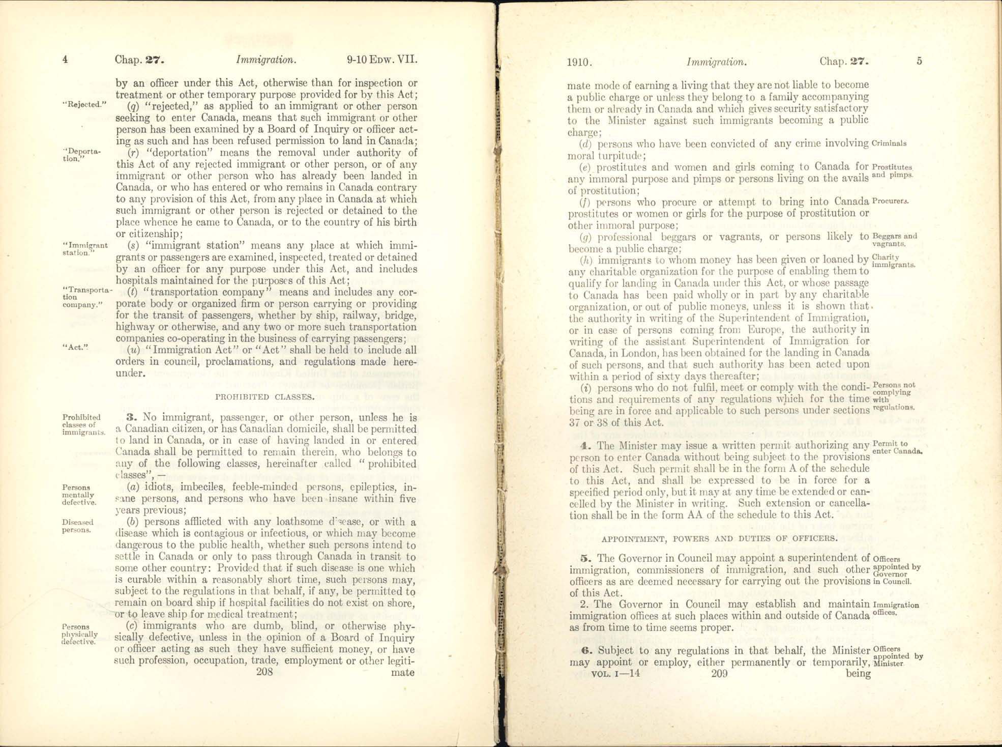 Chap. 27 Page 208, 209 Immigration Act, 1910