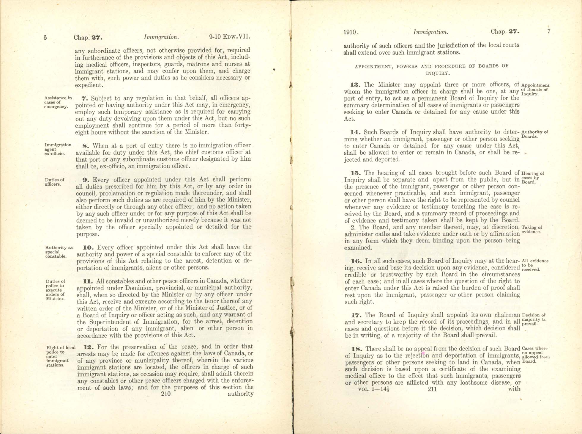 Chap. 27 Page 210, 211  Immigration Act, 1910