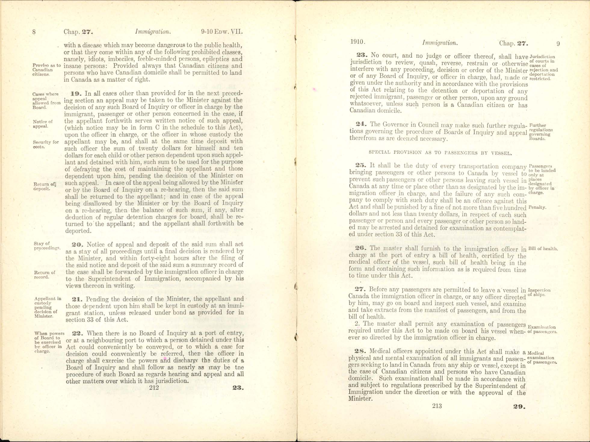 Chap. 27 Page 212, 213 Immigration Act, 1910