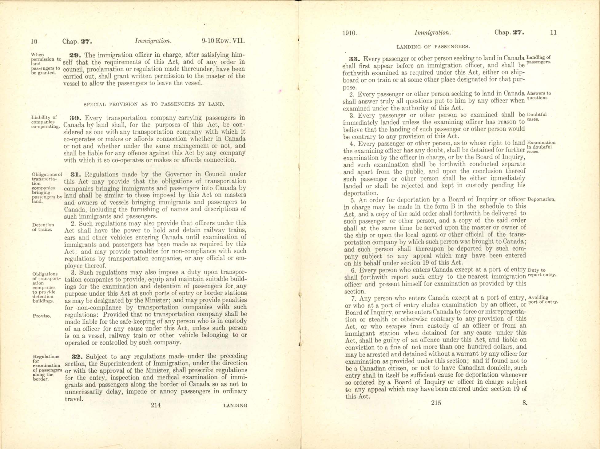 Chap. 27 Page 214, 215 Immigration Act, 1910