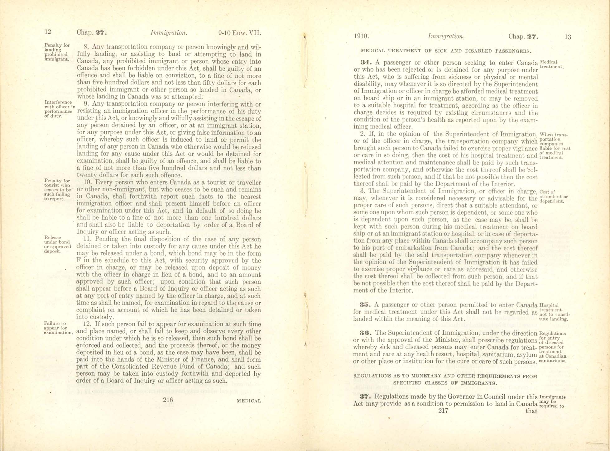 Chap. 27 Page 216, 217 Immigration Act, 1910