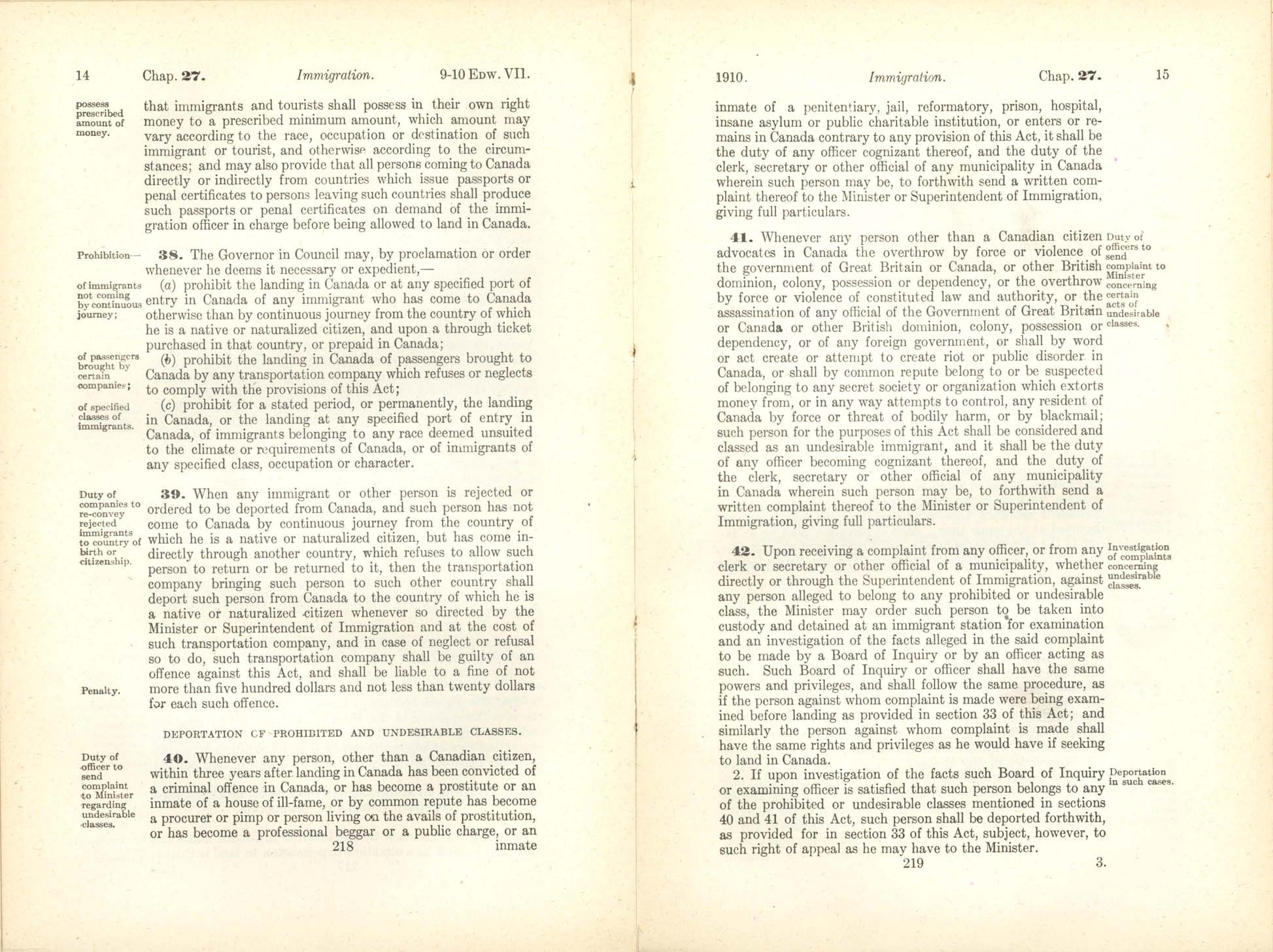 Chap. 27 Page 218, 219 Immigration Act, 1910