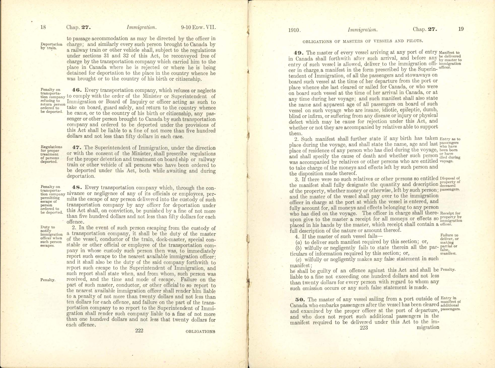 Chap. 27 Page 222, 223 Immigration Act, 1910