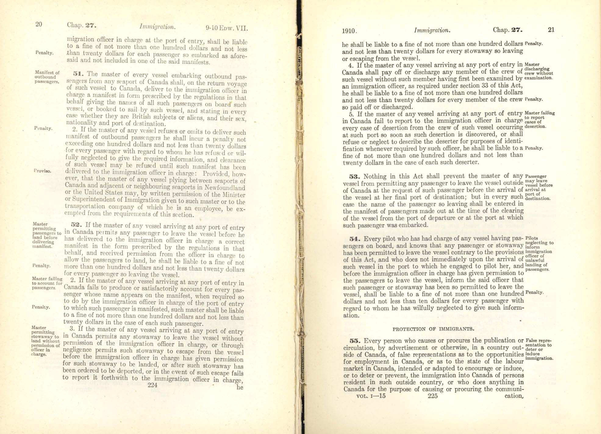 Chap. 27 Page 224, 225 Immigration Act, 1910
