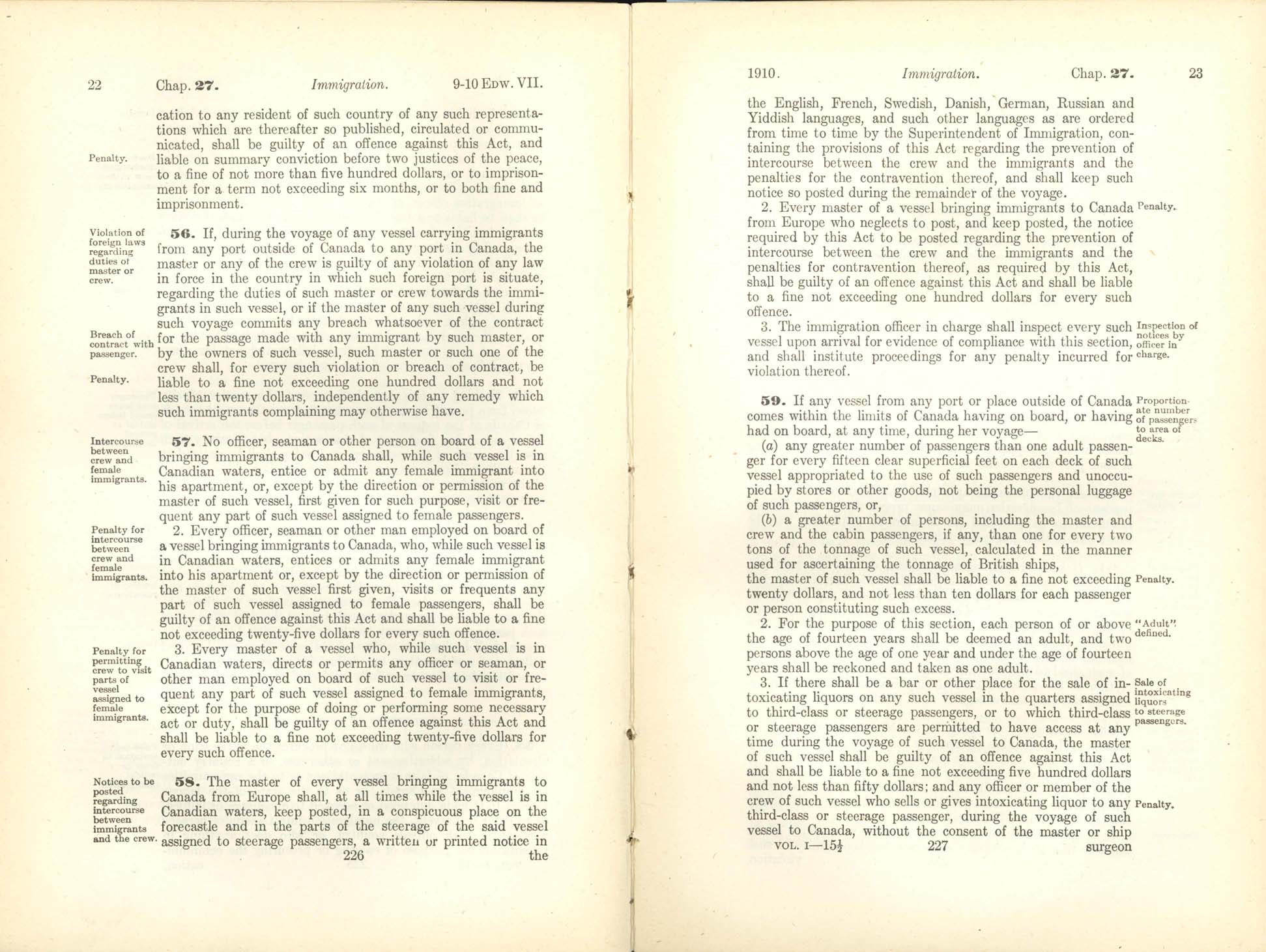 Chap. 27 Page 226, 227 Immigration Act, 1910