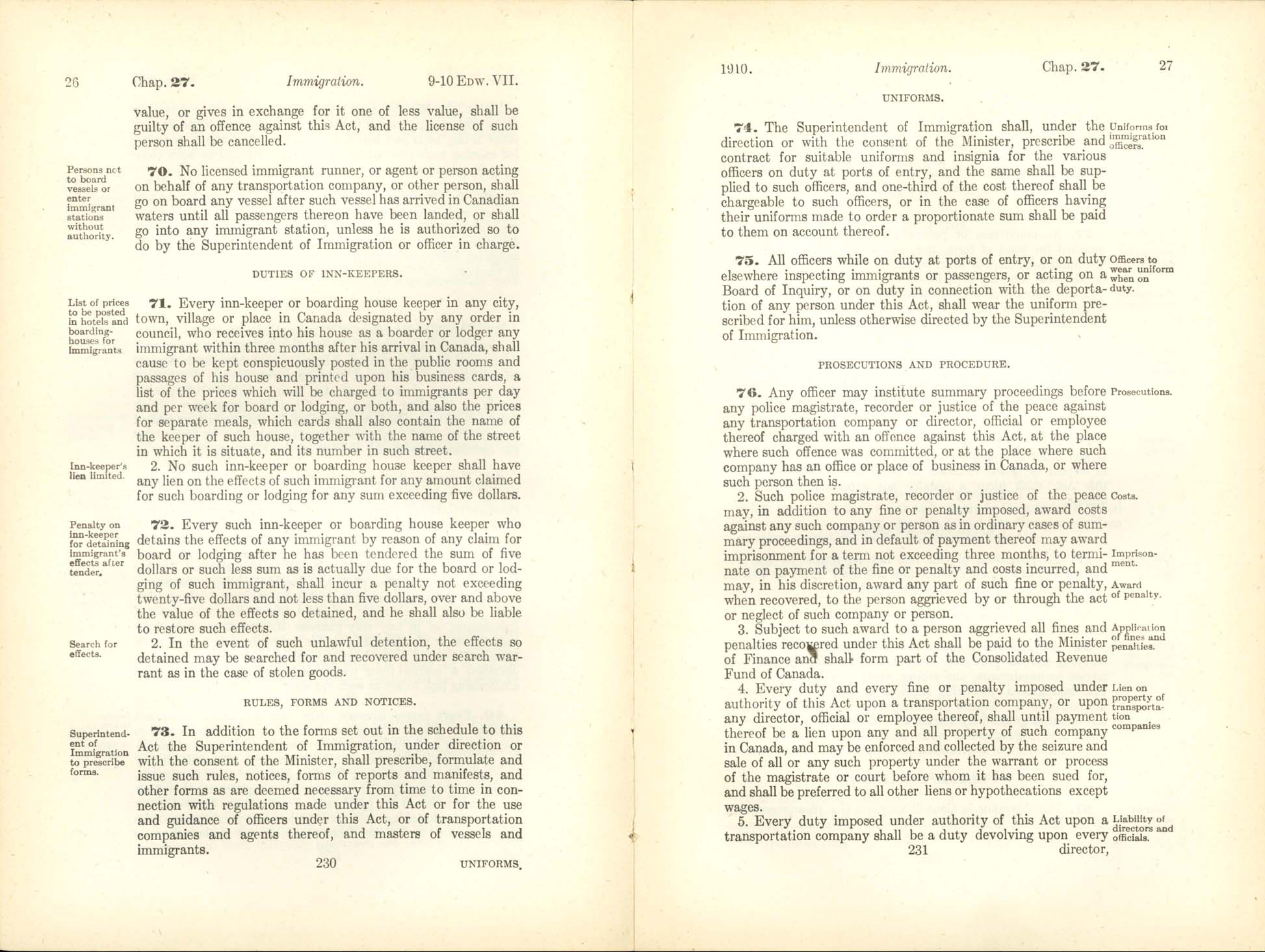Chap. 27 Page 230, 231 Immigration Act, 1910