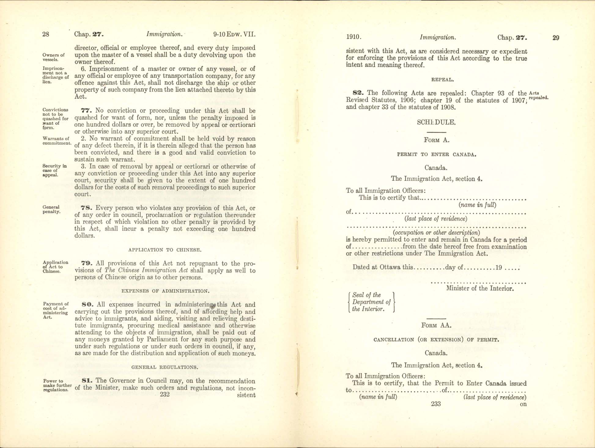 Chap. 27 Page 232, 233 Immigration Act, 1910