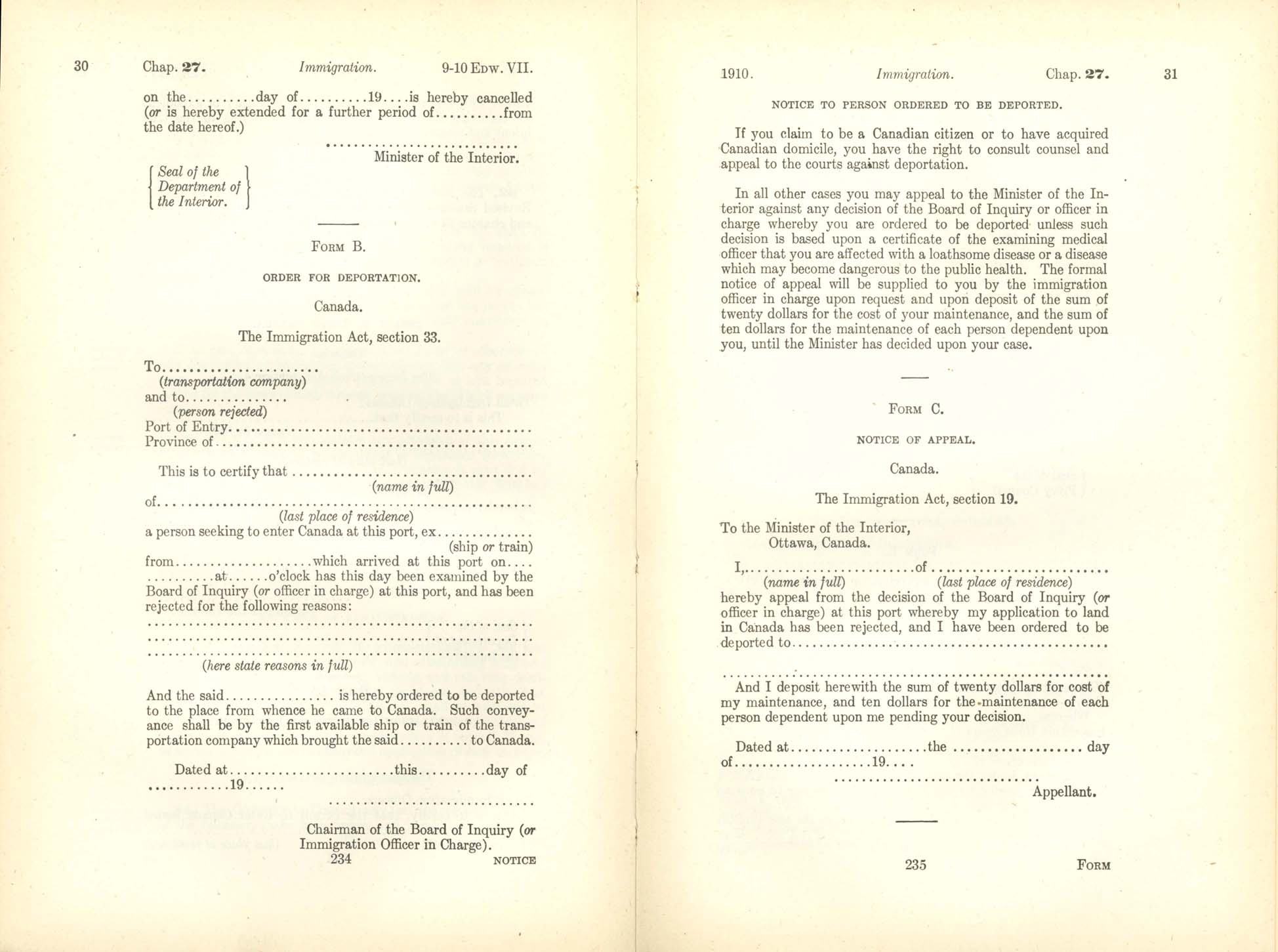 Chap. 27 Page 234, 235 Immigration Act, 1910