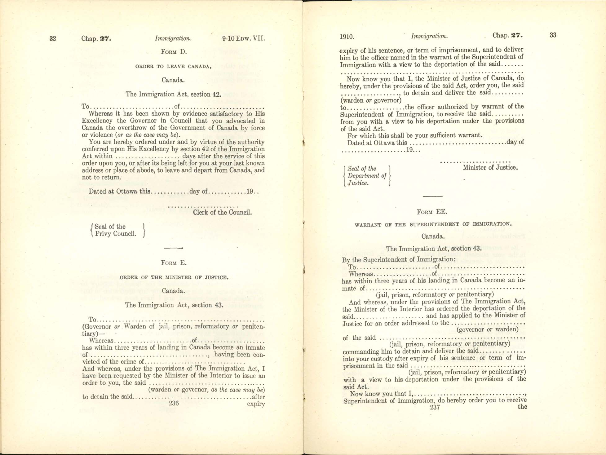 Chap. 27 Page 236, 237 Immigration Act, 1910
