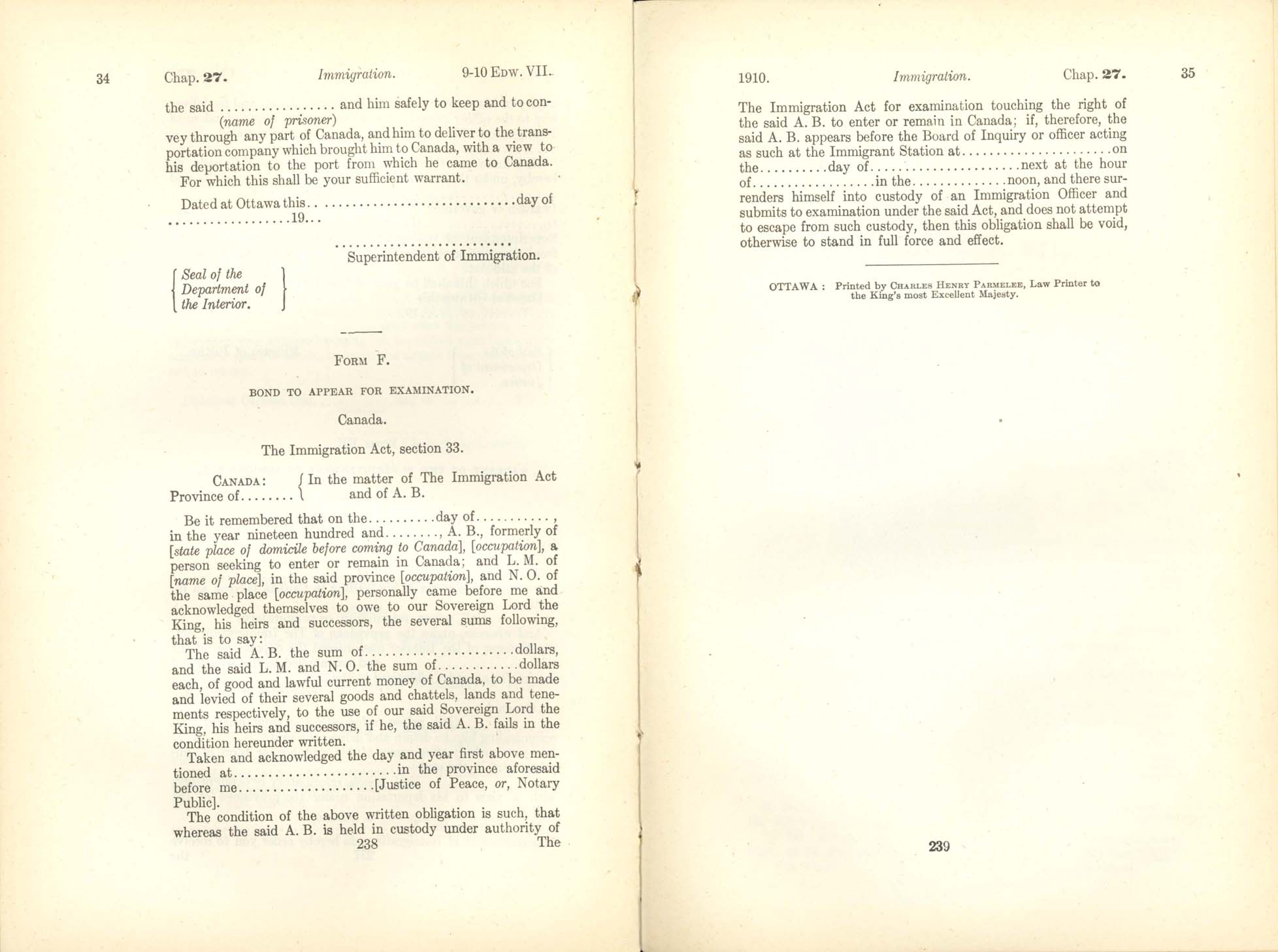 Chap. 27 Page 238, 239 Immigration Act, 1910