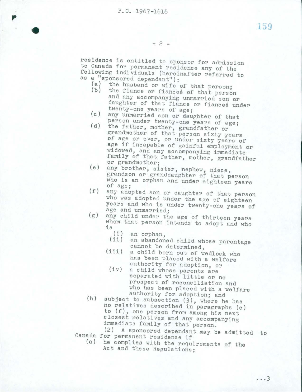 Page 2 Immigration Regulations, Order-in Council PC 1967-1616, 1967