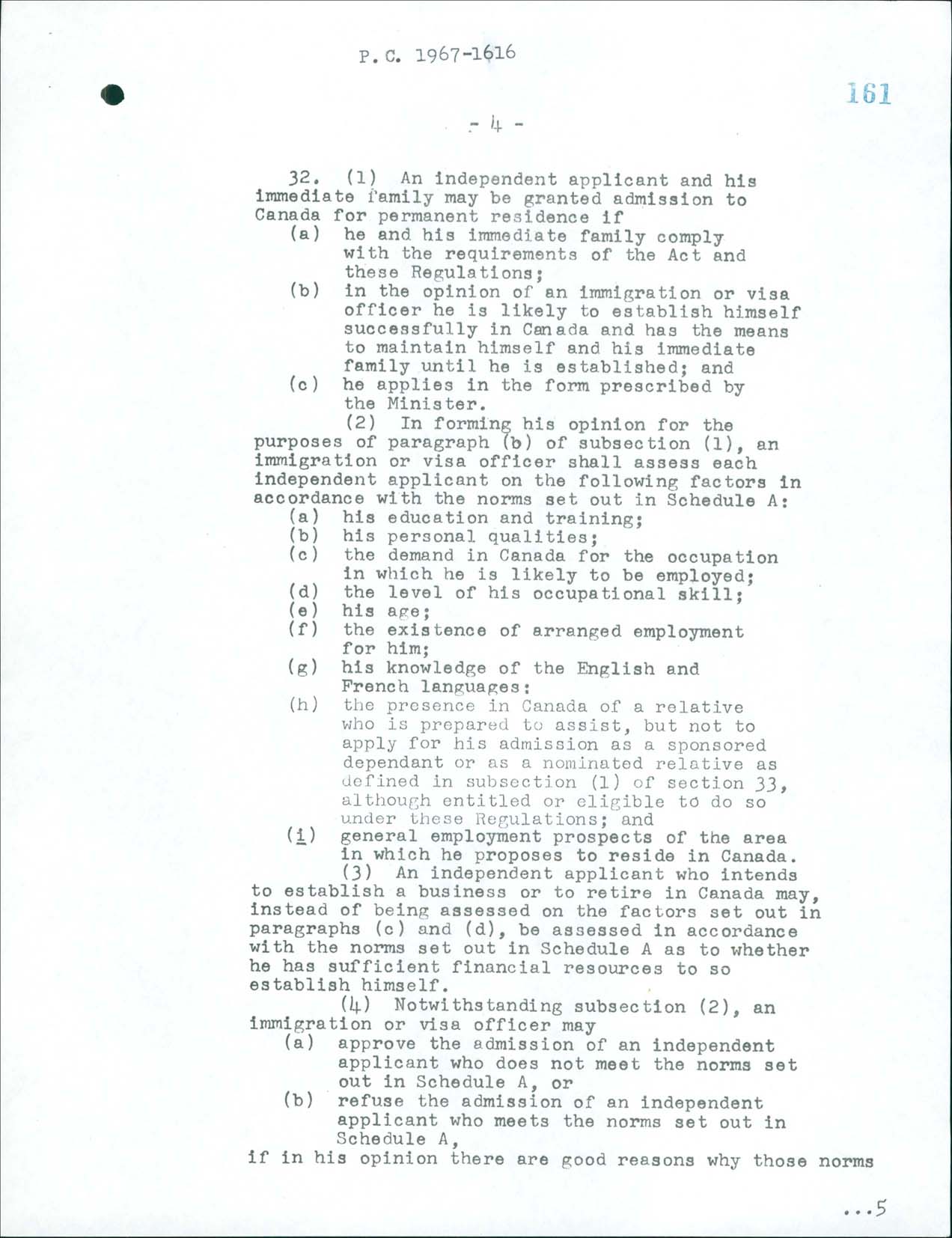 Page 4 Immigration Regulations, Order-in Council PC 1967-1616, 1967