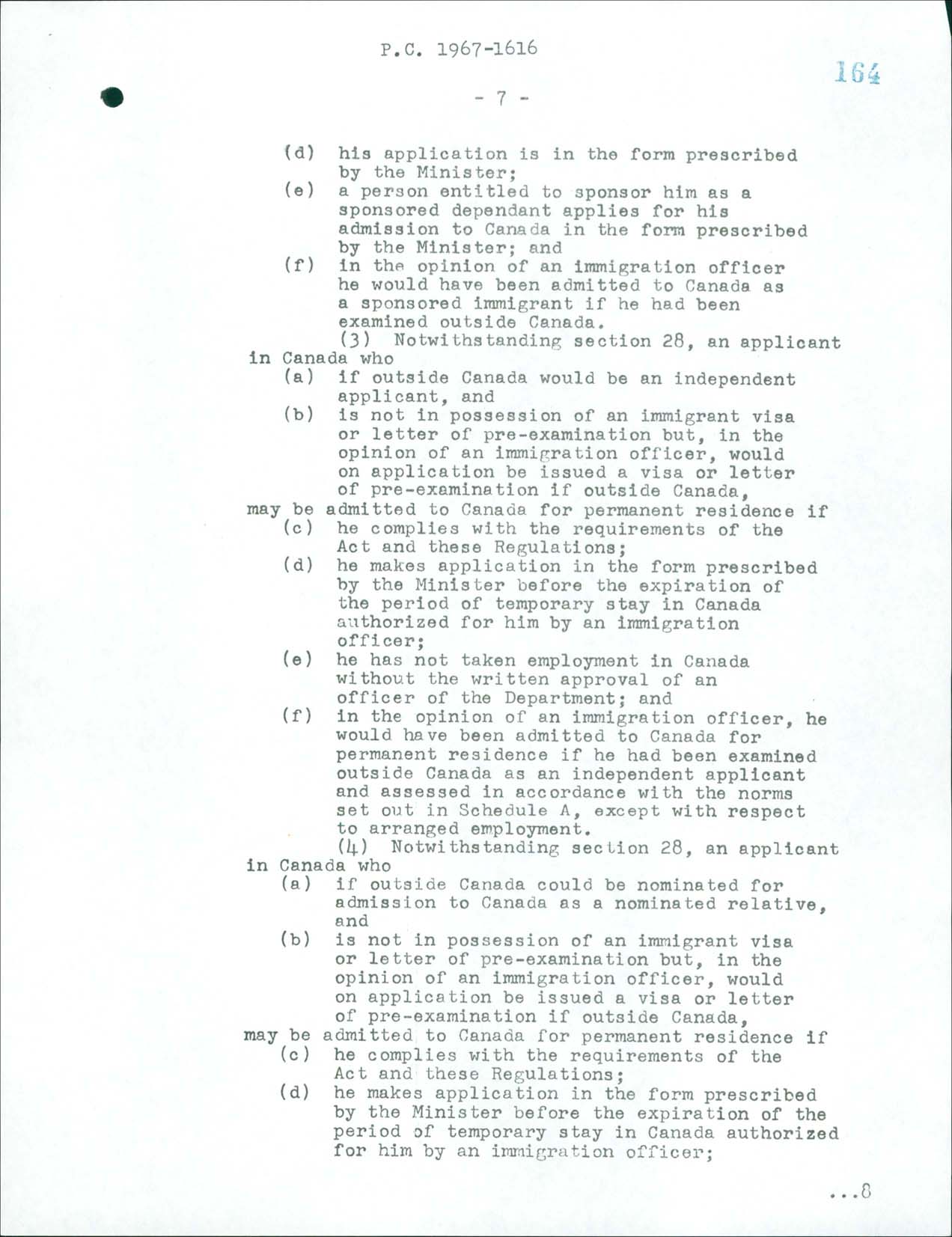 Page 7 Immigration Regulations, Order-in Council PC 1967-1616, 1967