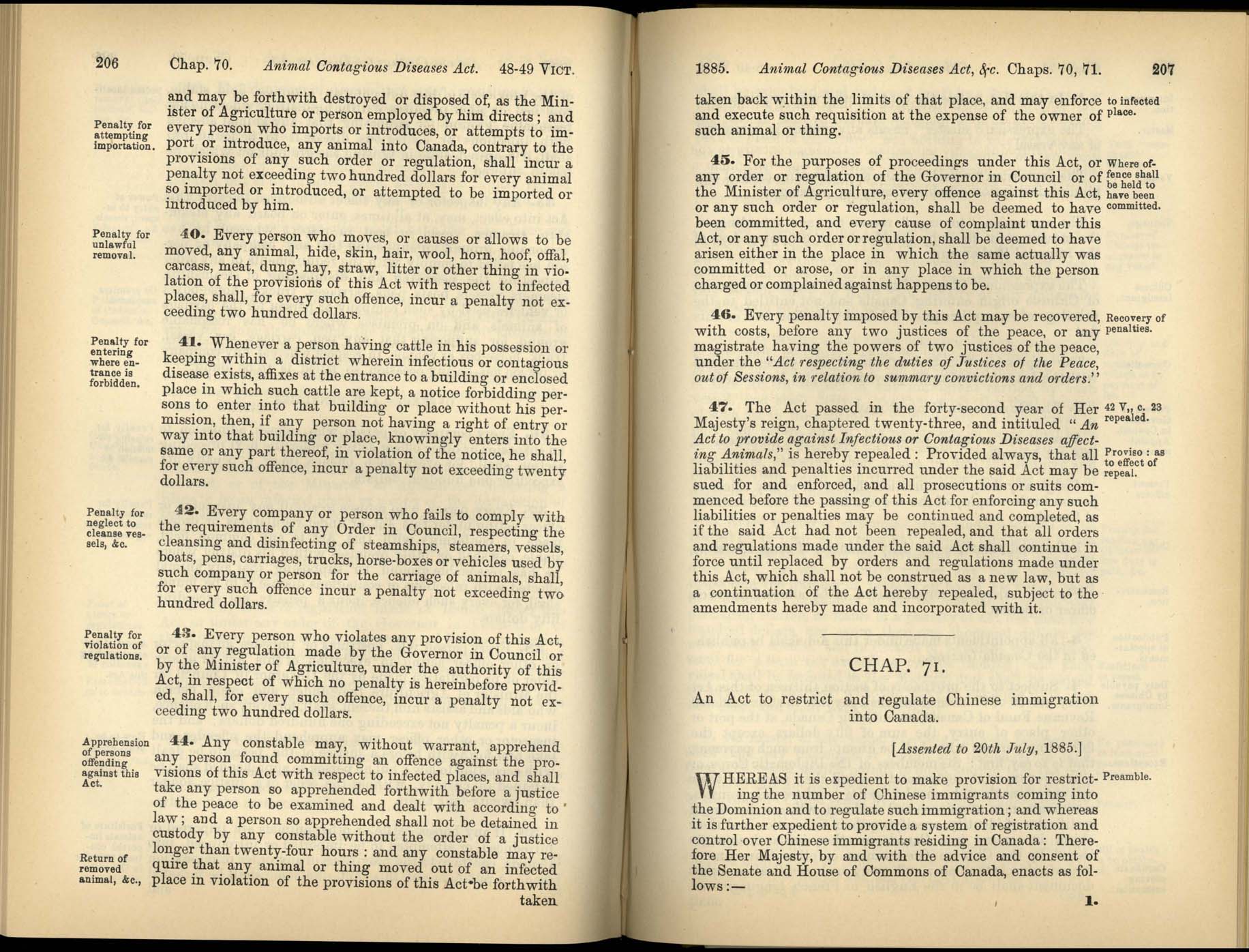Page 206, 207 The Chinese Immigration Act, 1885