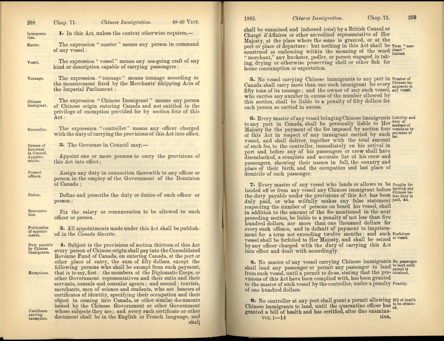 Page 208, 209 The Chinese Immigration Act, 1885