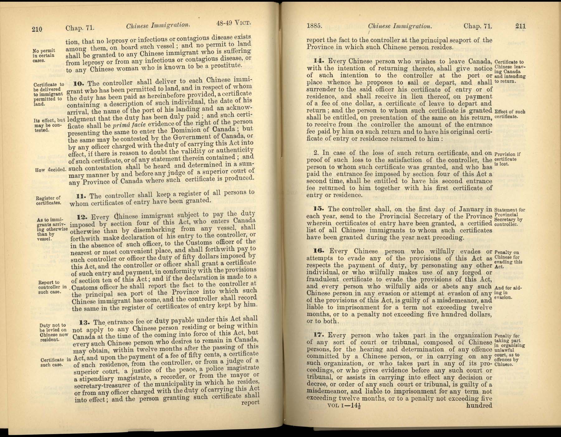 Page 210, 211 The Chinese Immigration Act, 1885