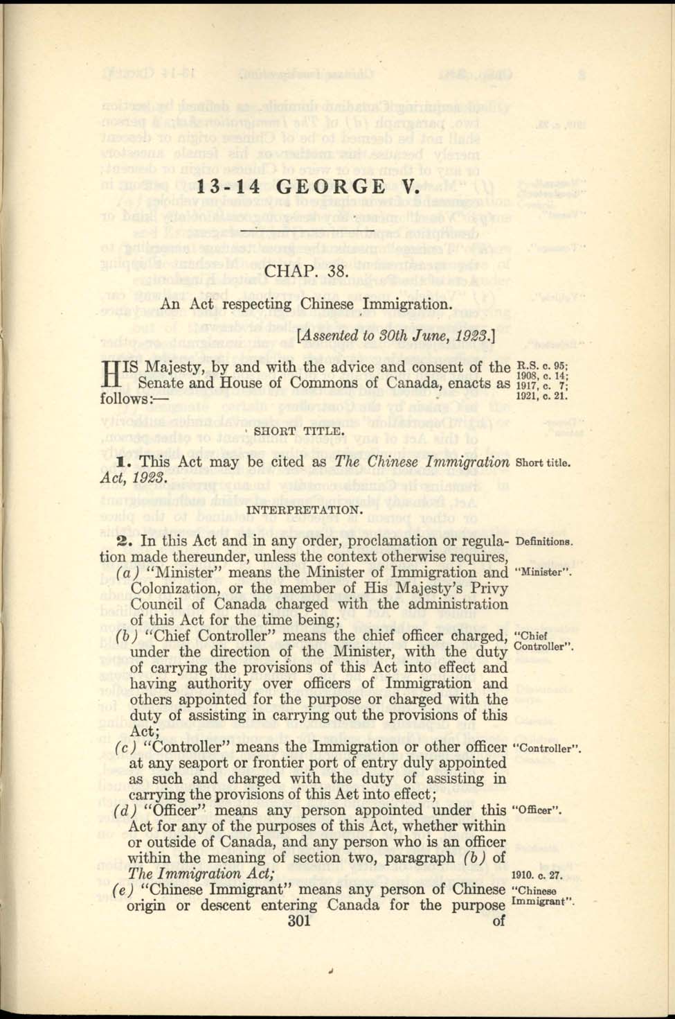 Chap. 38 Page 301 Chinese Immigration Act, 1923