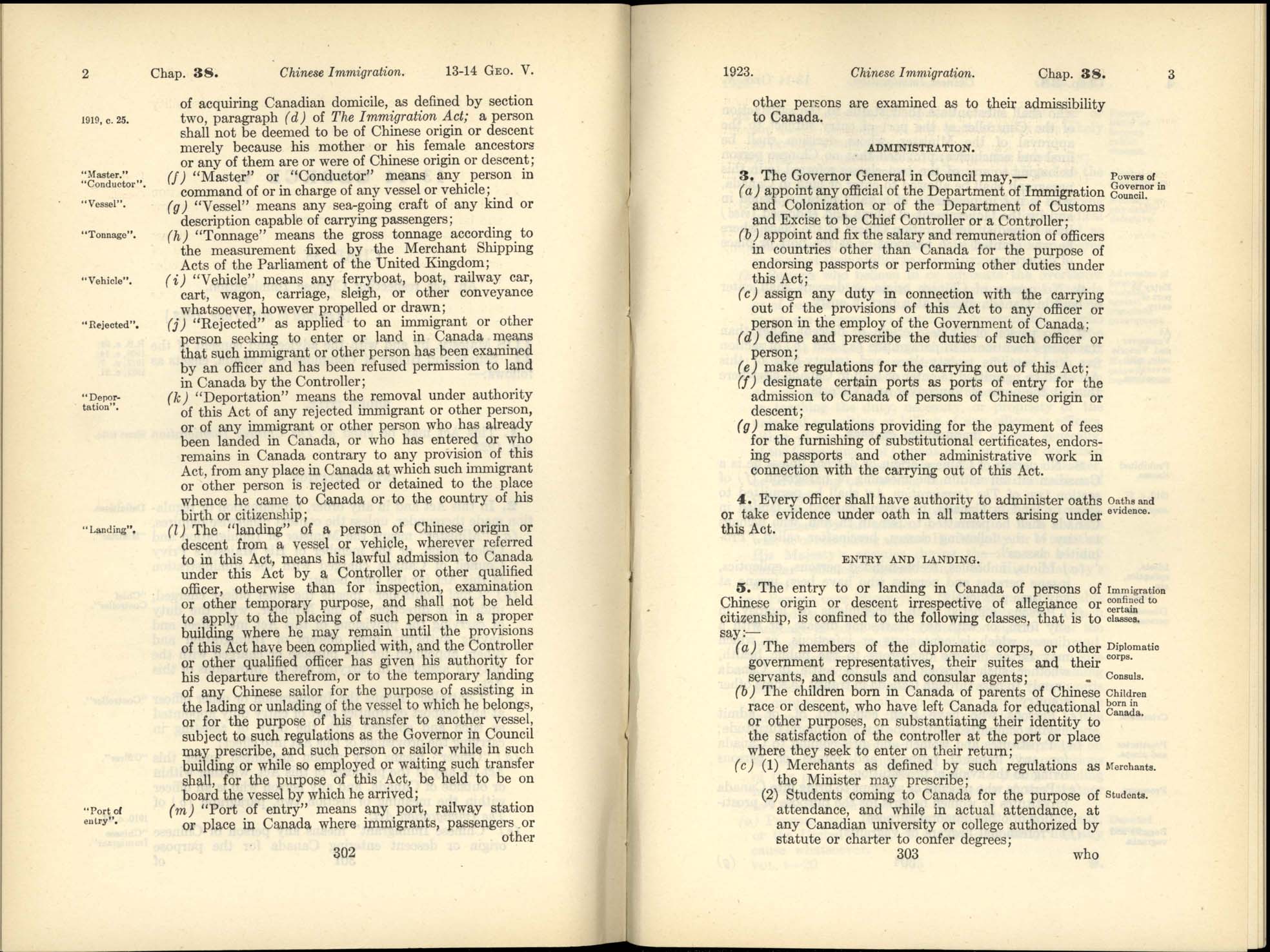 Page 302, 303 Chinese Immigration Act, 1923