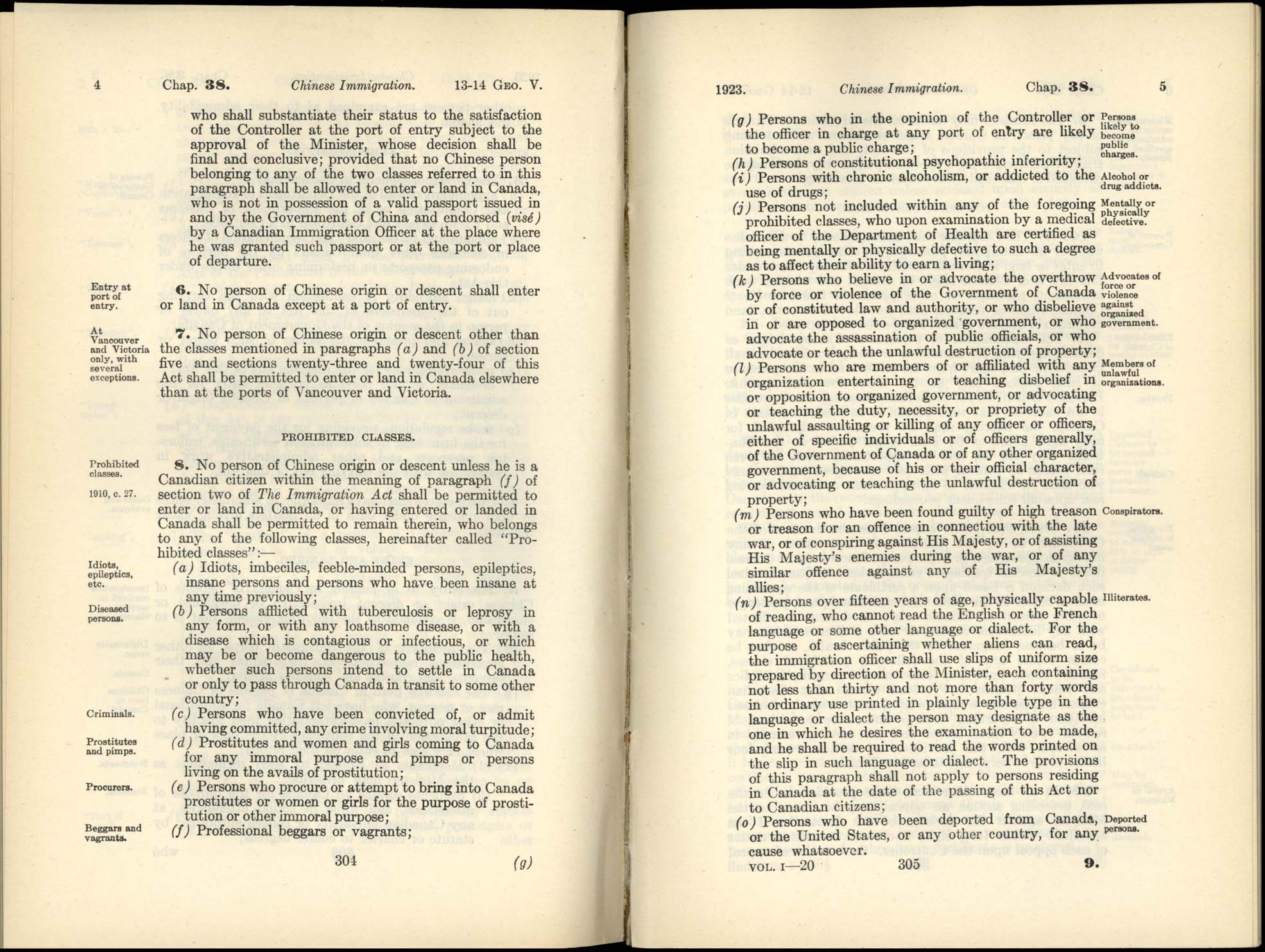 Page 304, 305 Chinese Immigration Act, 1923