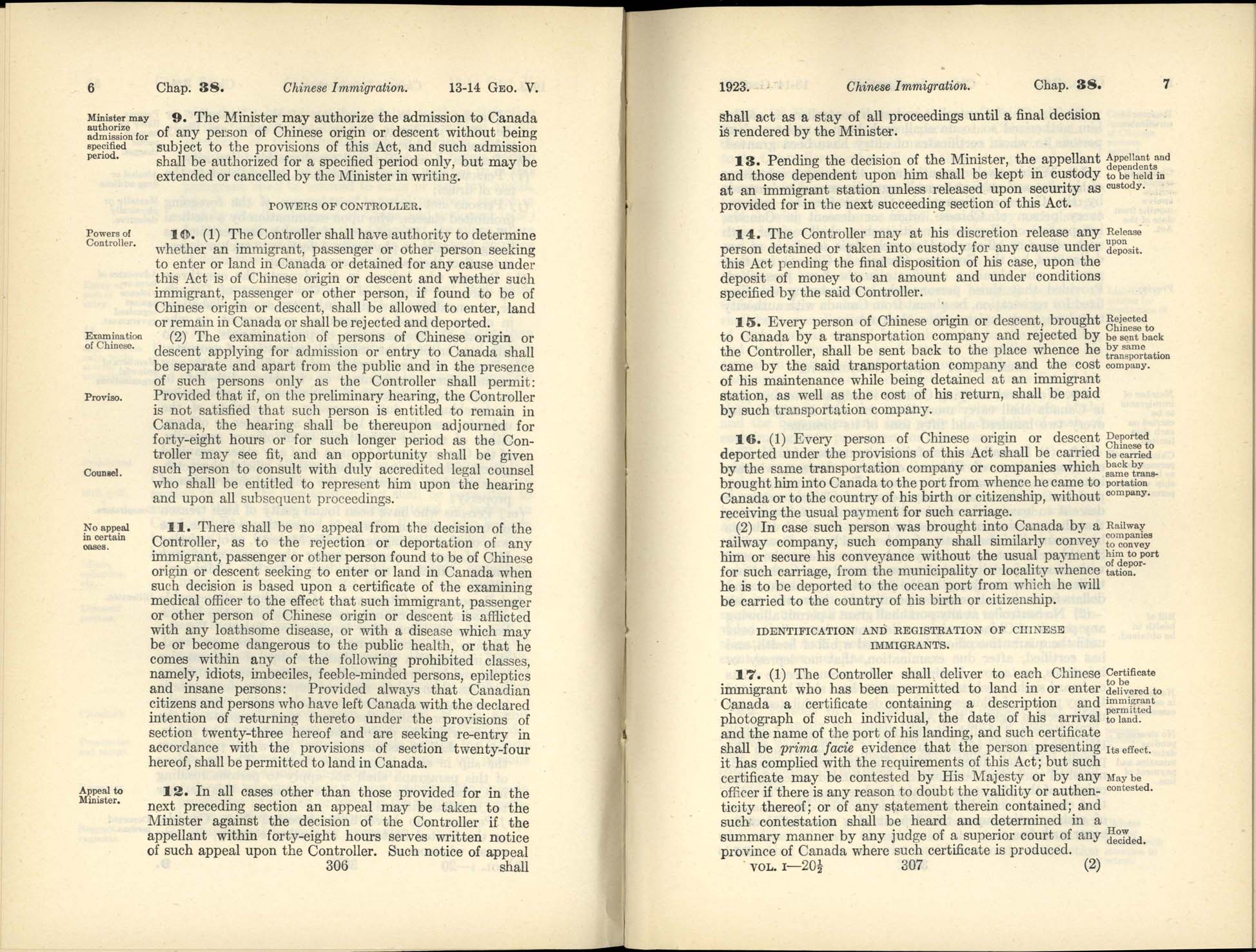 Page 306, 307 Chinese Immigration Act, 1923