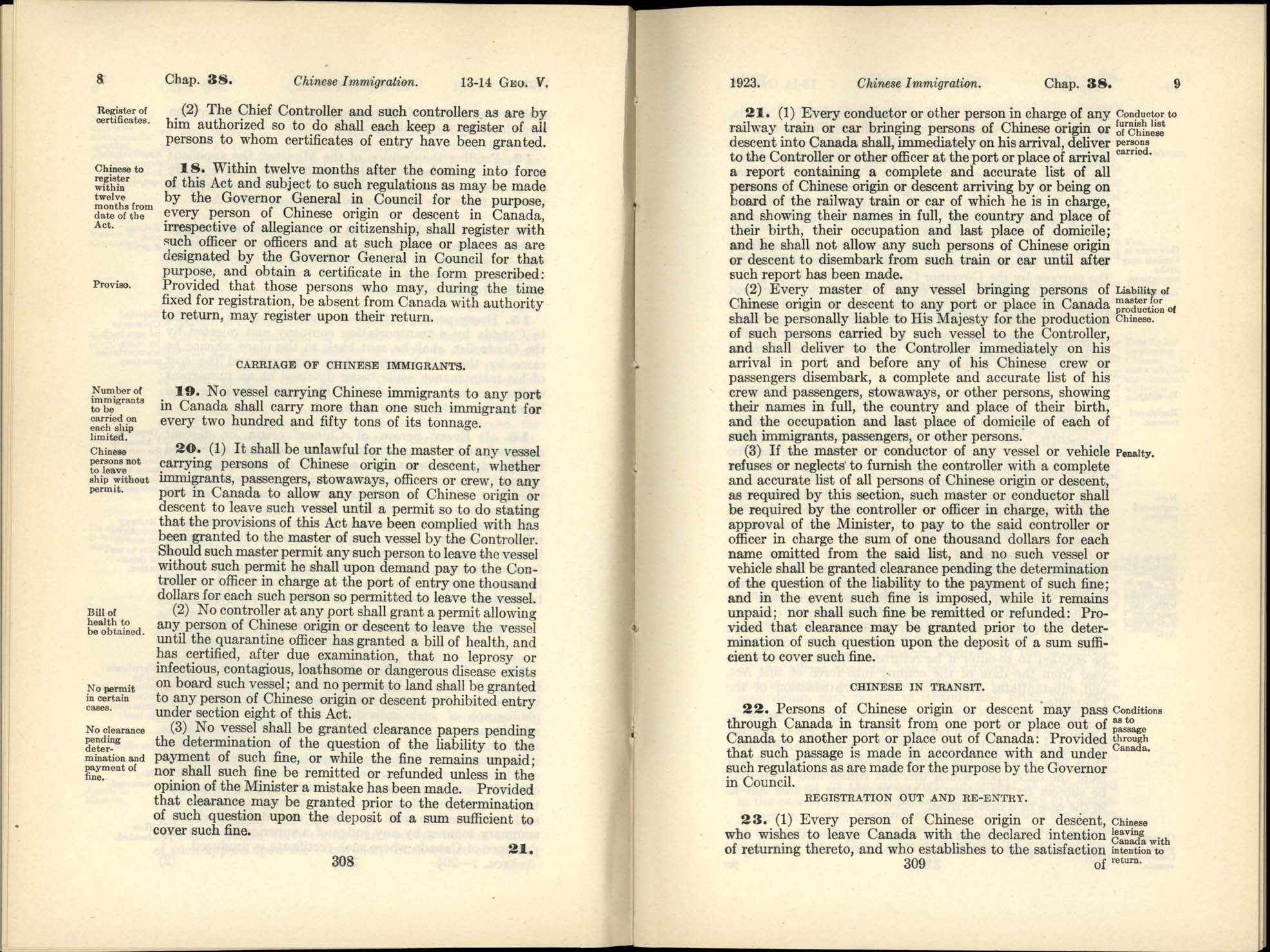 Page 308, 309 Chinese Immigration Act, 1923