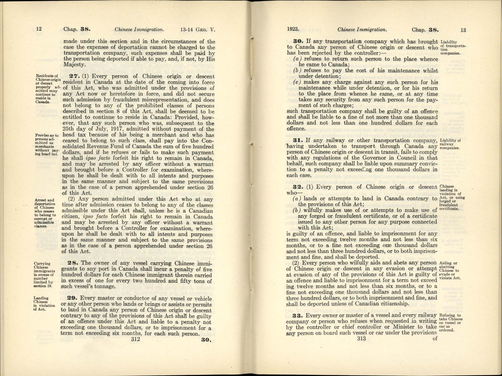 Page 312, 313 Chinese Immigration Act, 1923