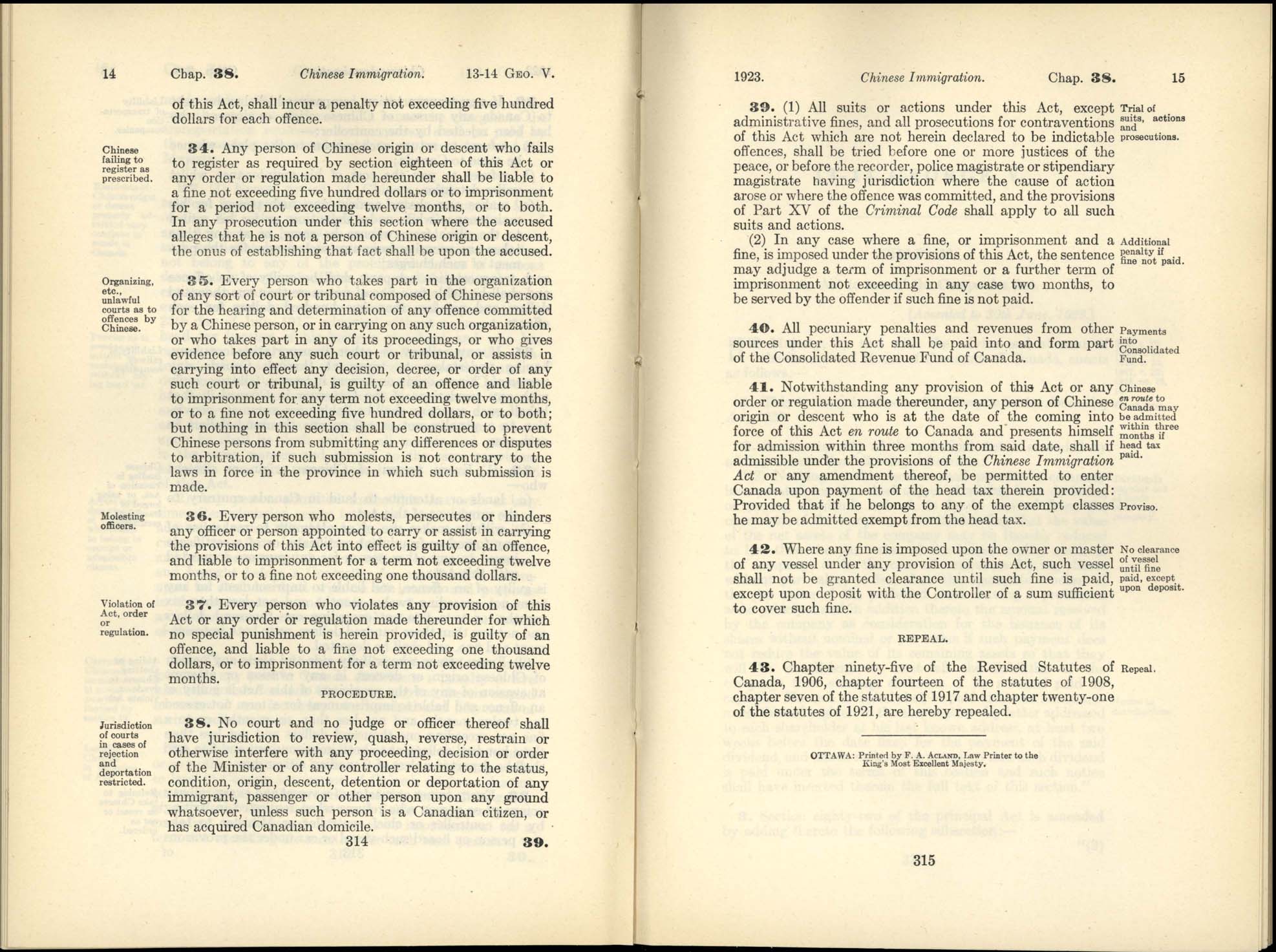 Page 314, 315 Chinese Immigration Act, 1923