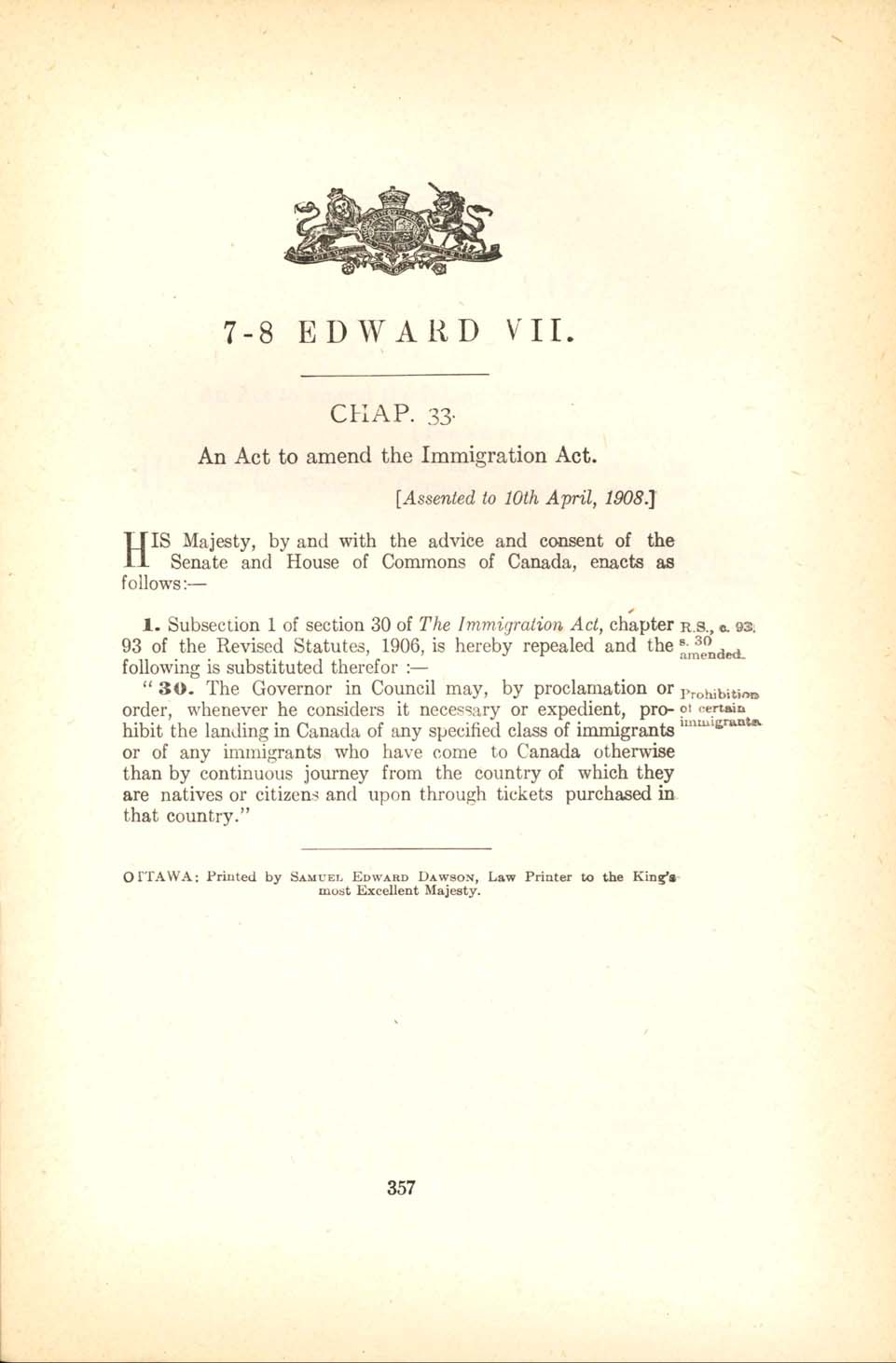 Chap. 33 Page 357 Continuous Journey Regulation, 1908