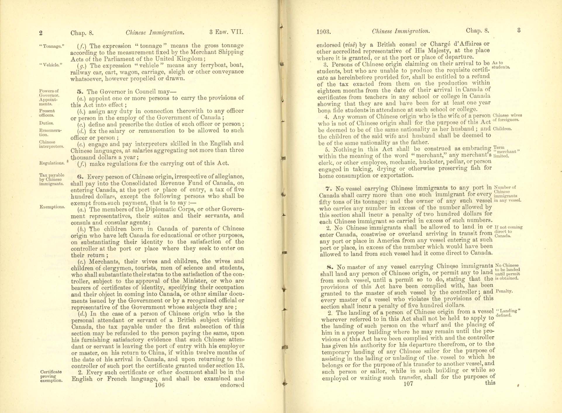 Chap. 8 Page 106, 107 Acte de l’immigration chinoise, 1885 Amendment 1903