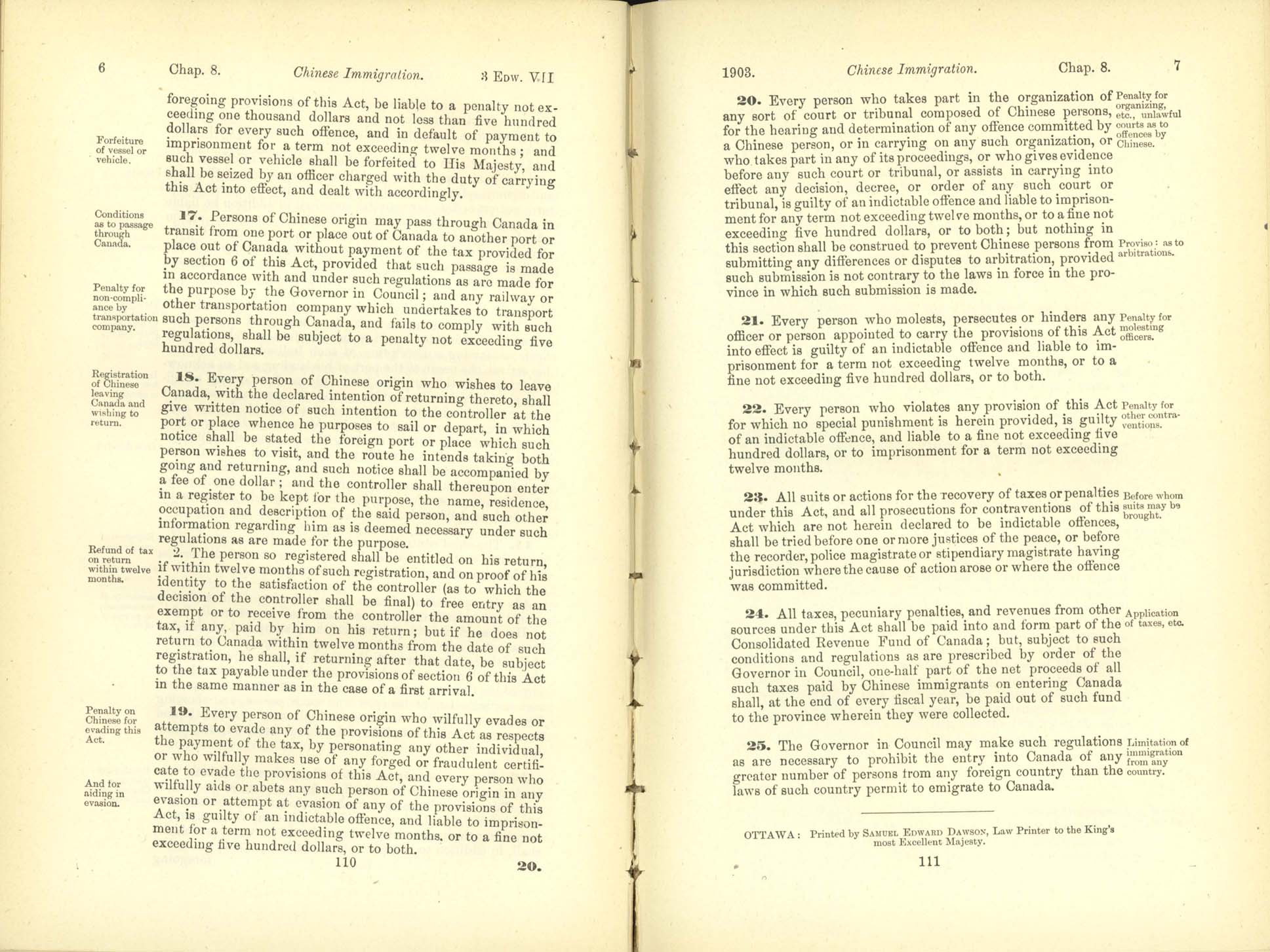 Chap. 8 Page 110, 111 Acte de l’immigration chinoise, 1885 Amendment 1903