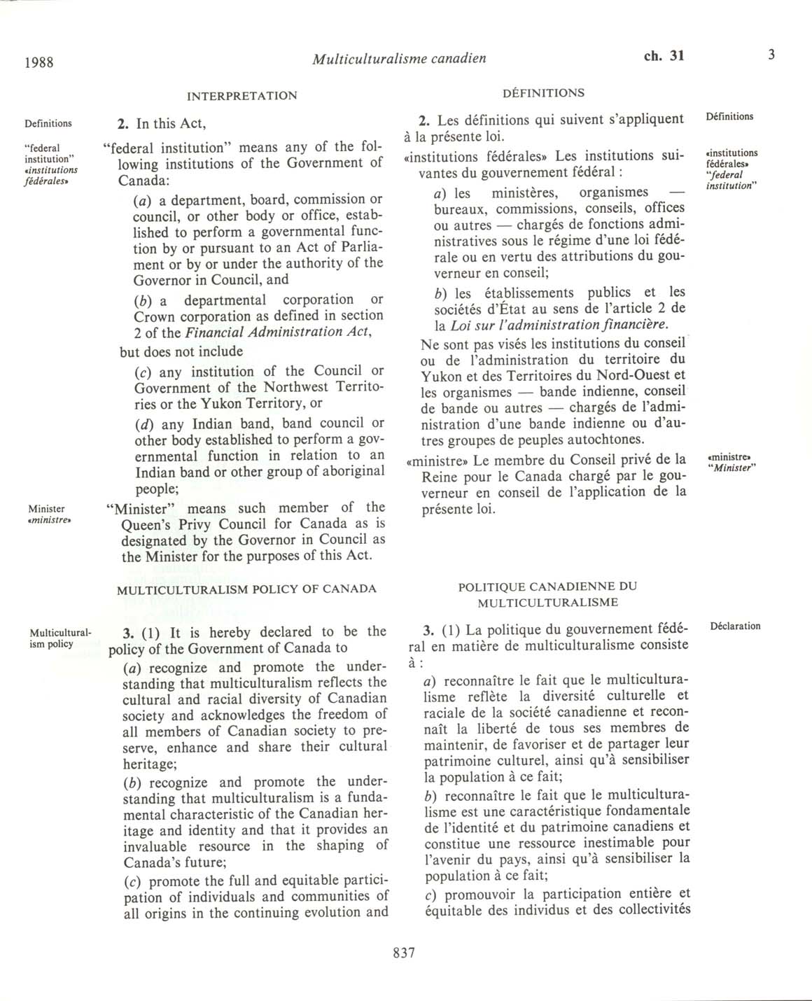 Page 837 Canadian Multiculturalism Act, 1988