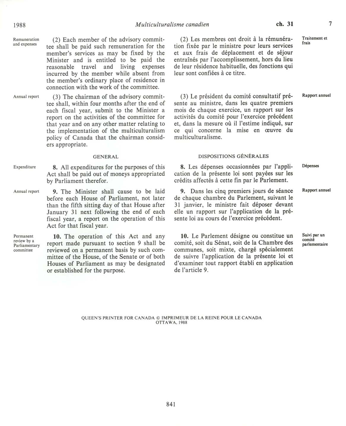 Page 841 Canadian Multiculturalism Act, 1988
