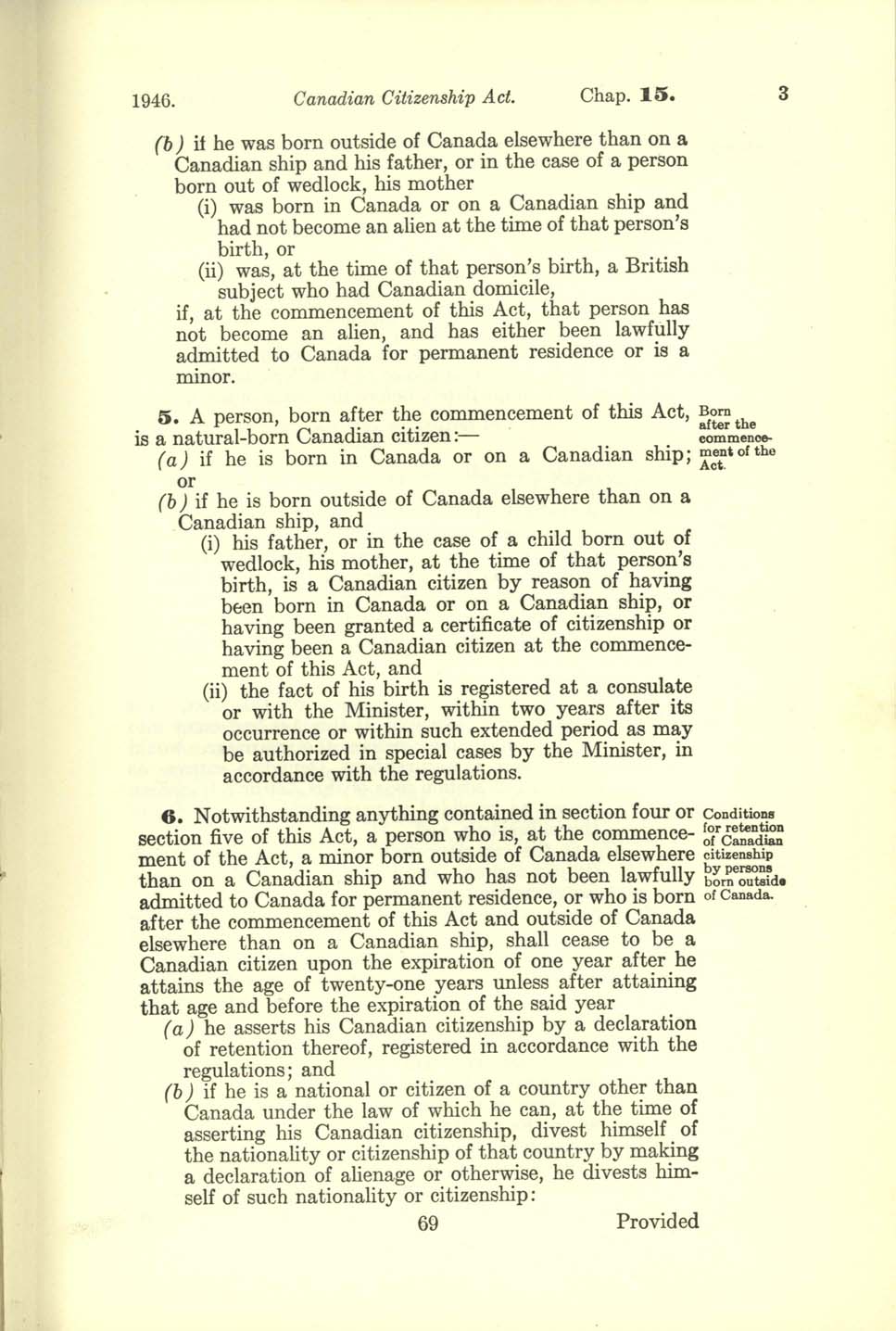 Chap 15 Page 69 Canadian Citizenship Act, 1947