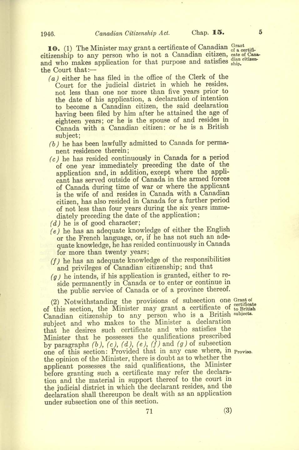 Chap 15 Page 71 Canadian Citizenship Act, 1947