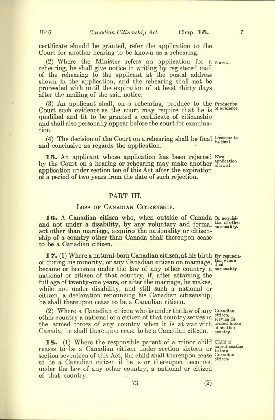 Chap 15 Page 73 Canadian Citizenship Act, 1947