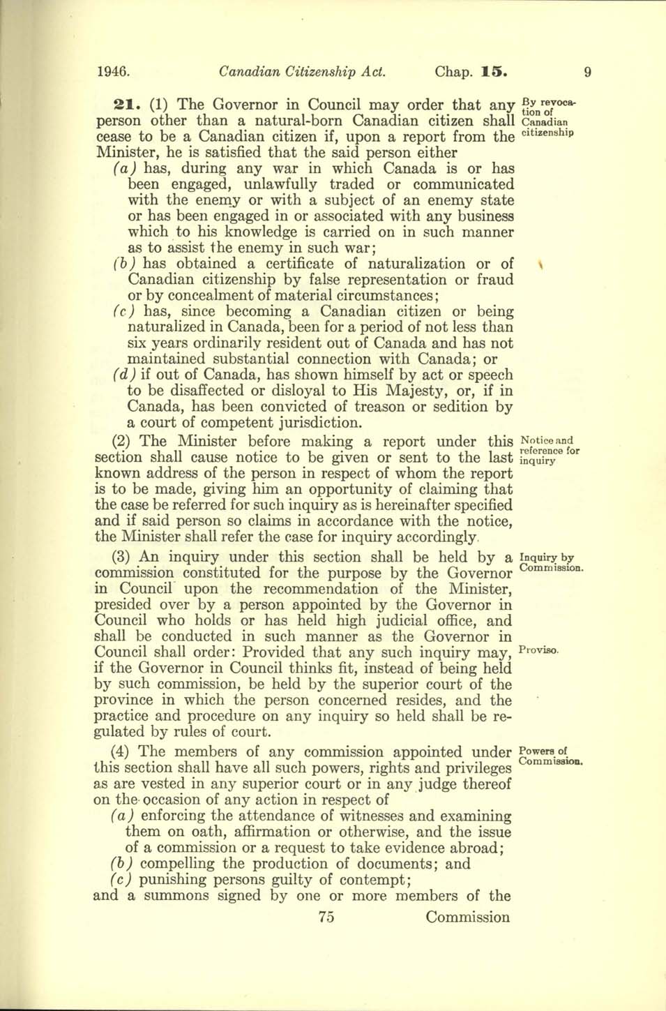 Chap 15 Page 75 Canadian Citizenship Act, 1947