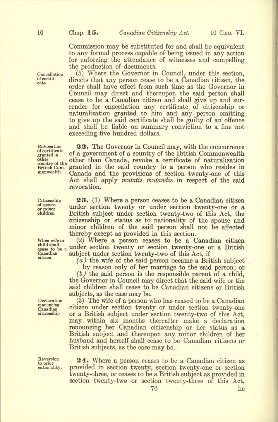 Chap 15 Page 76 Canadian Citizenship Act, 1947