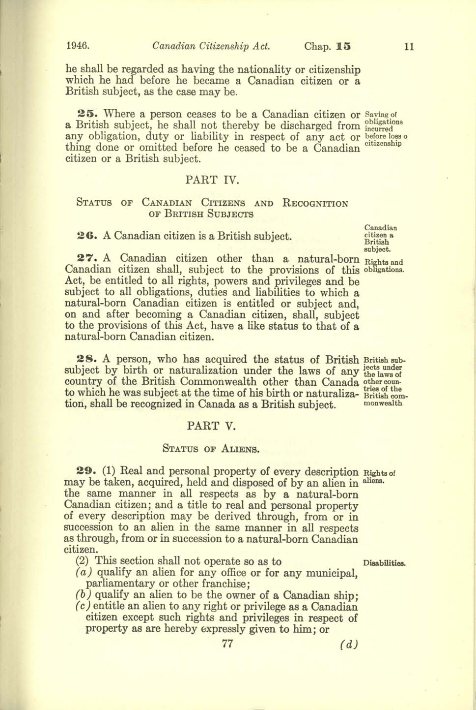 Chap 15 Page 77 Canadian Citizenship Act, 1947
