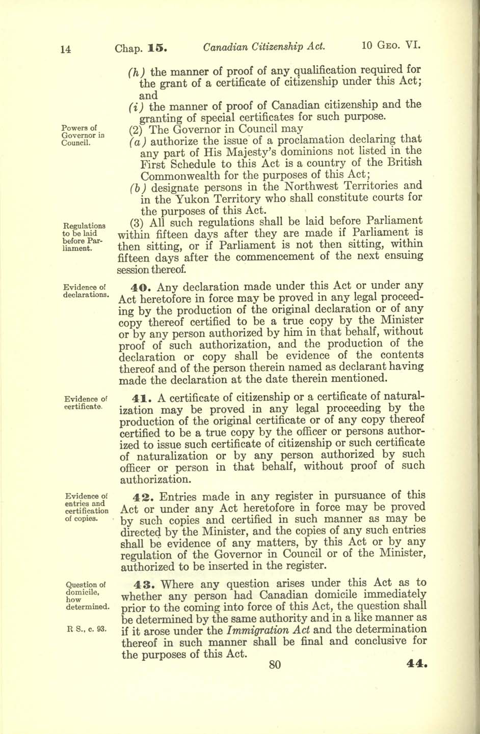 Chap 15 Page 80 Canadian Citizenship Act, 1947