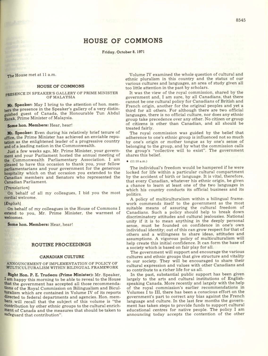 Page 8545 Canadian Multiculturalism Policy, 1971