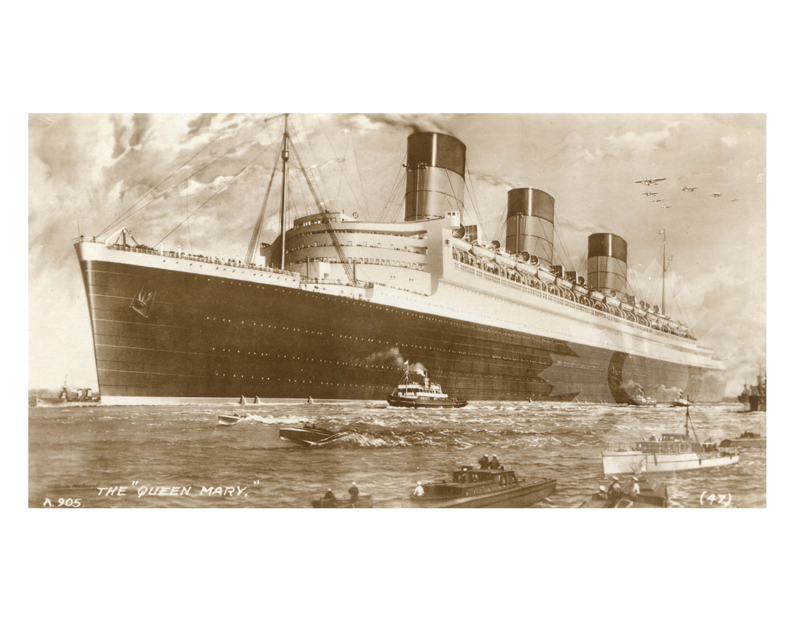 Black and white photo of the ship Queen Mary (edited) (RMS) (1936-1967)
