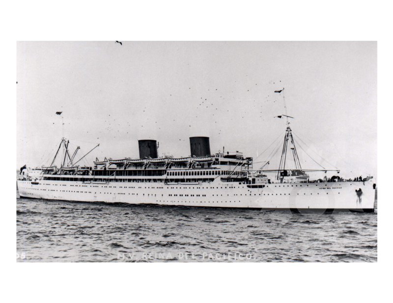 Black and white photo of the ship Reina Del Pacifico (MV) (1931-1958)