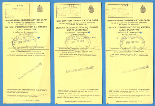 Immigration Identification Cards issued to Betty Groenenboom Verschoor, 1952. Canadian Museum of Immigration at Pier 21 (DI2013.1545.2).