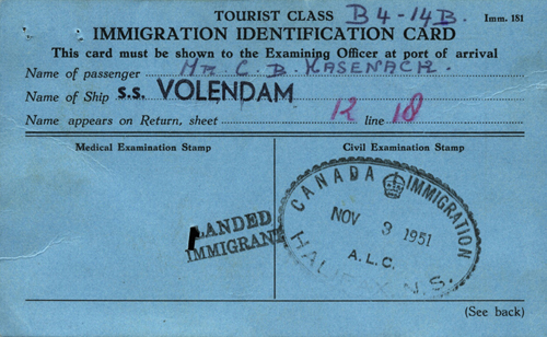 Immigration Identification Card issued to Casper Hasenack, 1951. Canadian Museum of Immigration at Pier 21 (DI2013.1681.5).