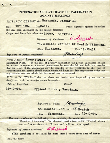 Smallpox vaccination certificate issued to Casper Hasenack, 1951. Canadian Museum of Immigration at Pier 21 (DI2013.1681.8).