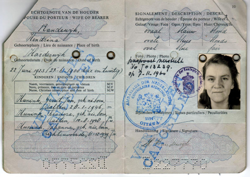 Passport issued to Hendrina Hunink. Canadian Museum of Immigration at Pier 21 (DI2013.1672.2c).