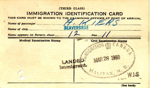 Immigration Identification Card issued to A Kiers. Canadian Museum of Immigration at Pier 21 (DI2013.1554.4).