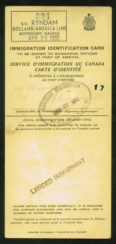 Immigration Identification Card issued to Klumpenhovwer, 1952. Canadian Museum of Immigration at Pier 21 (DI2013.1555.1).