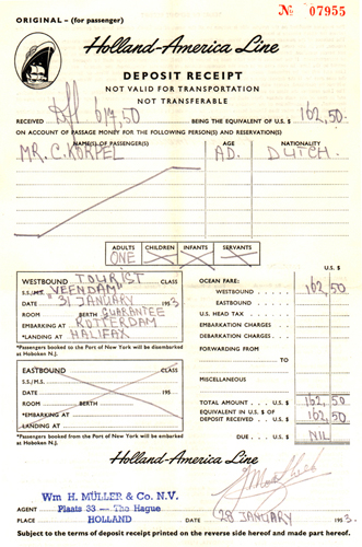 Deposit receipt from the S.S. Veendam, 1950. Canadian Museum of Immigration at Pier 21 (DI2013.1832.2a).